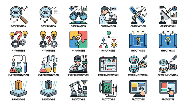 Creative Illustrated Guide to the Scientific Method Observation Hypothesis Experimentation and Prototype Stages with Colorful Icons