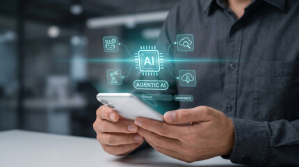 Obraz premium Artificial intelligence workflow agentic concept digital agentic ai interface glowing icon. Management system analysis process. artificial intelligence automation, robot technology