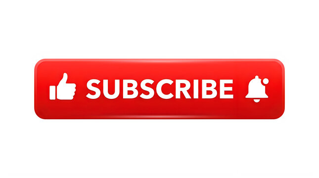 Red subscribe button with play icon isolated on transparent background