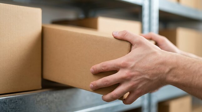 A person hands reaching to pick up a brown cardboard shipping box from a metal shelf in a warehouse, showing logistics and storage work environment