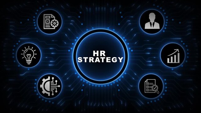 HR Strategy Interface with Blue Circular Dashboard, Workforce Planning Icons and Professional Network Background