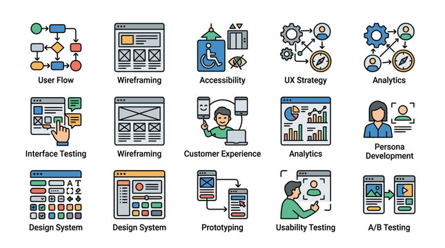 Elegant Illustrated Guide to Key UX UI Design Processes and Testing Methods with Colorful Icons and Diagrams