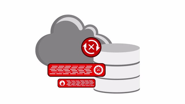 Animation of cloud database sync error. Grey cloud with server disks and red alert icons for data failure, system problem, connection issue and backup risk in cloud storage concept