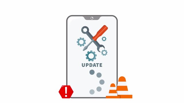 Animation of mobile maintenance in progress. Smartphone with wrench, gears, loading icon, warning alert and traffic cones for system update, repair, service and device under construction concept.