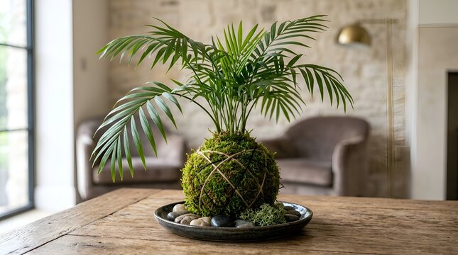 Kokedama houseplant on a wooden table, modern interior design