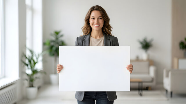 businesswoman holding a blank sign