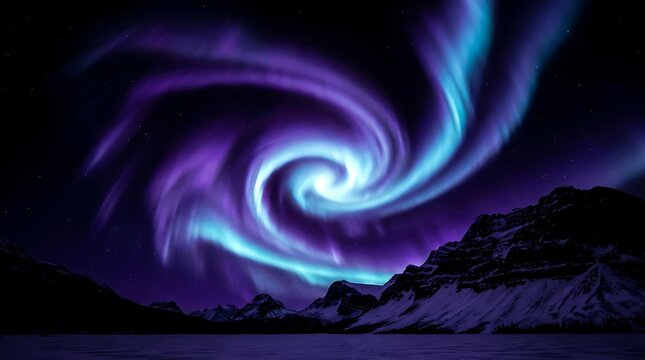 Vibrant purple and cyan northern lights swirl in a circular pattern above dark jagged snowy mountain peaks under a clear starry night sky during winter