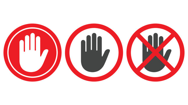 Three hand symbols with red prohibition signs indicating rejection and refusal in a clear visual warning