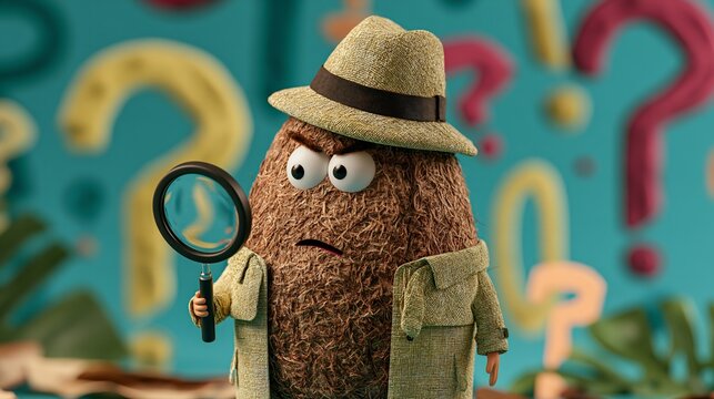 Anthropomorphic Coconut Character as a Detective Examining a Magnifying Glass