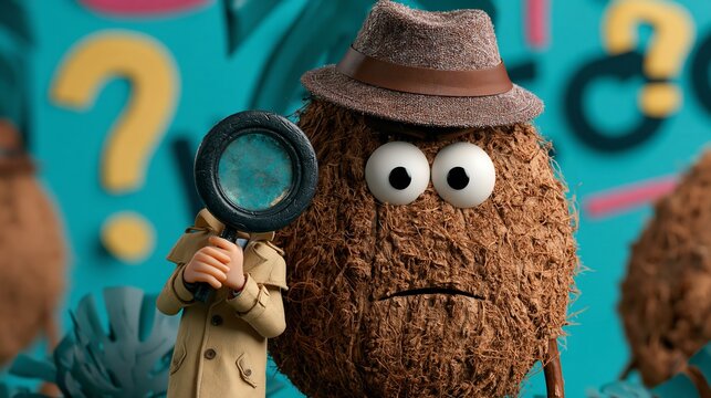 Detective Coconut Investigating Mysteries with a Magnifying Glass