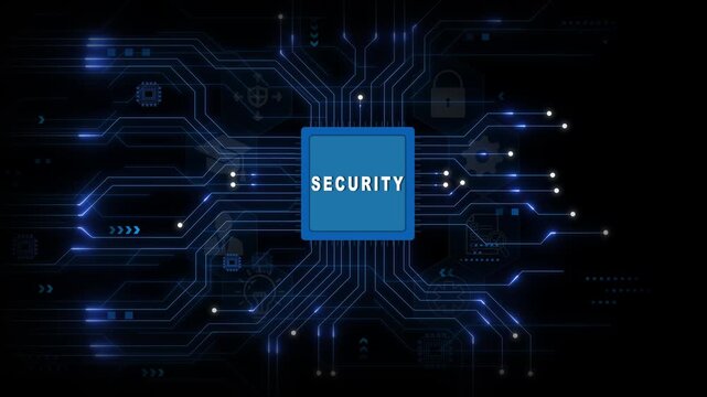 Security Protection Chip with Glowing Circuit Network on Dark Blue Technology Background for Digital Defense Systems