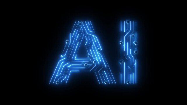 Glowing neon ai text and circuit pattern icon on black background. AI text Circuit icon Copy Space Animation. AI, Artificial Intelligence Technology.