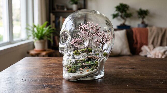 Glass skull with pink cherry blossom tree inside on wooden table
