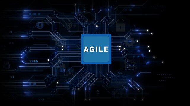 Agile Workflow Chip with Dynamic Circuit Network on Dark Blue Technology Background Illustrating Flexible Digital Processes