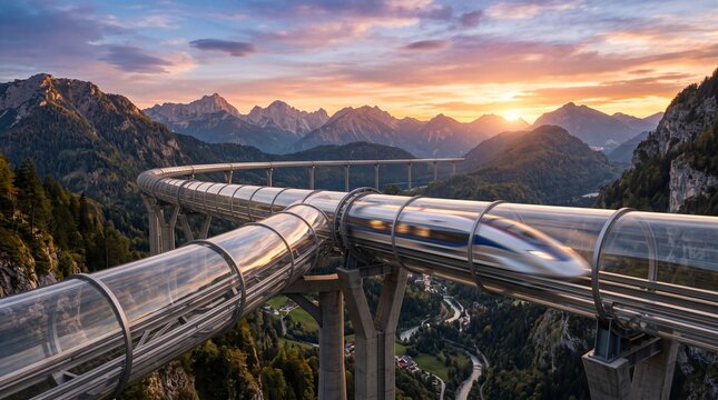 A sleek monorail train travels through a transparent tube on a mountainous track at sunset