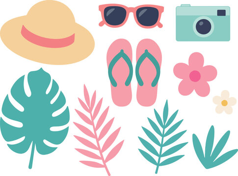 Flat vector illustration set of summer vacation objects