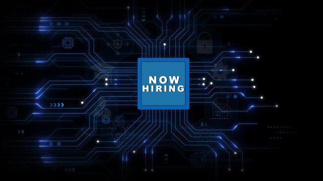 Now Hiring Message on Digital Microchip with Glowing Circuit Network and Dark Blue Technology Background for Recruitment