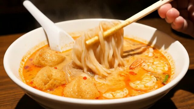 Close-Up Shot of Authentic Singaporean Laksa with Shrimp, Noodles, and Fish Cakes Served in a Steaming Bowl with Chopsticks in Action