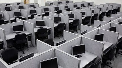 Obraz premium Large Maze Of Grey Fabric Cubicle Walls Contains Black Swivel Chairs And Blank Computer Screens