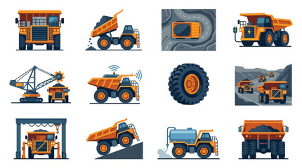 Industrial of Heavy Mining Equipment and Machinery in Vibrant Orange and Dark Blue with high quality professional line art symbols for modern creative design and digital branding projects © susilo