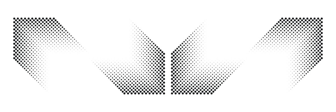 A collection of speed lines in a triangle shape. Halftone dashed speed lines. Abstract geometric triangles with radial lines. Design element for logos, prints, templates, or posters. Vector illustrati