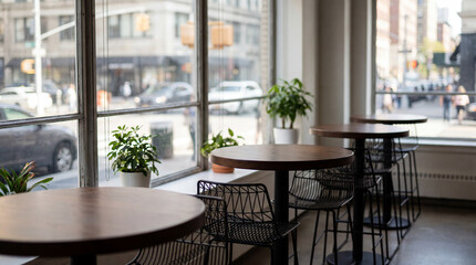 Fototapeta premium Modern High Top Cafe Tables Surrounded By Wire Chairs Near Large Window Overlooking The City