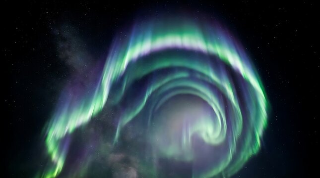 Vibrant green and purple northern lights dance across the dark night sky in a mesmerizing spiral formation captured with long exposure photography during a clear evening.