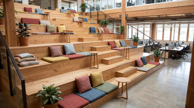 Comfortable Tiered Wooden Bleacher Style Seating Highlighted With Bright Colorful Cushions For Casual Corporate Meetings