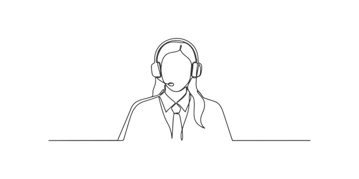 Continuous line drawing of a female customer support agent wearing a headset for communication