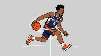 Flat Vector Illustration of a Basketball Player Performing a Dunk, Dynamic Action Pose in Mid-Air, Graphic Design Element with Bold Lines and Minimalist Style, Isolated on White Background © Sugiarto
