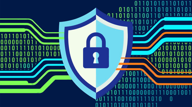 Flat Vector Illustration of a Digital Security Shield with a Lock Icon, Surrounded by Binary Code and Flowing Data Lines, Representing Cybersecurity and Data Protection