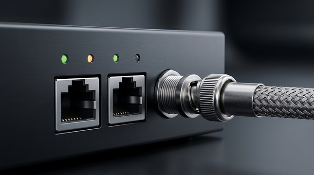 Close up of a black industrial network device with two ethernet ports and a braided metal bnc cable connected to the front panel interface