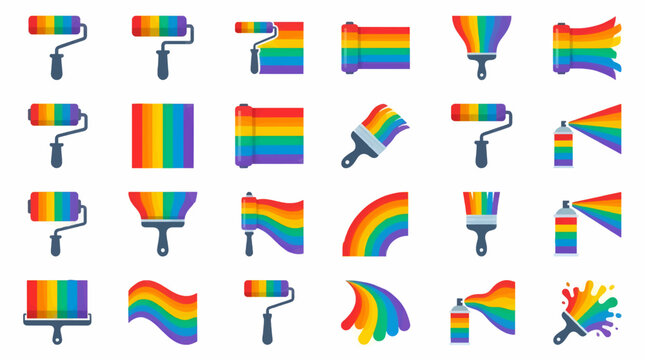 Flat Design Rainbow Paint Tools Icons: Rollers, Brushes, Spray Cans, and Rainbow Swirls on White Background, Graphic Resource Set