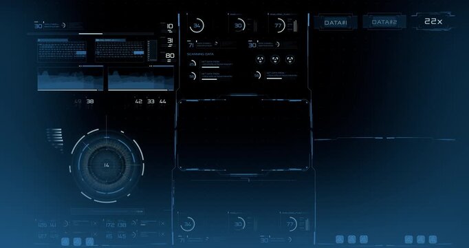 A futuristic HUD interface features a glowing radar dial, analyzing functions, scanning data and waveform graphs on a dark blue display.