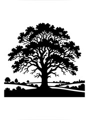 Fototapeta premium Large oak tree silhouette in a rolling countryside landscape black and white