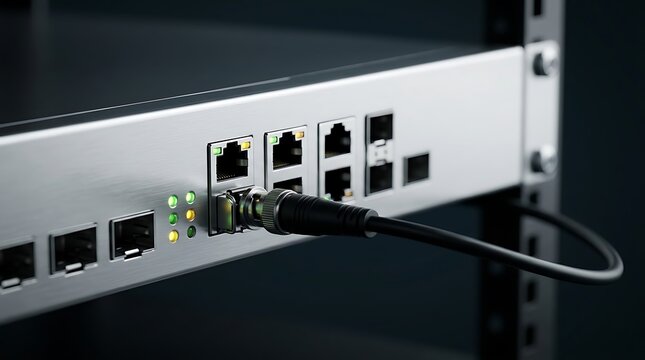 Close up of a network switch panel with a bnc connector cable plugged into a port and glowing status lights indicating active data transmission