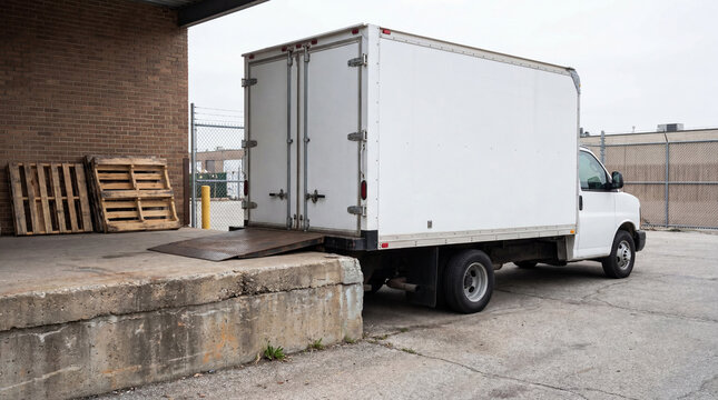 Clean Unmarked Box Truck Successfully Backed Up Against Solid Concrete Loading Dock Ready For Freight