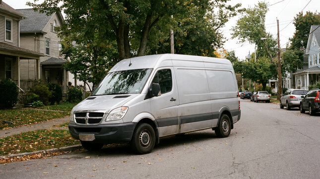 Clean unmarked silver commercial delivery van resting peacefully on a completely quiet residential neighborhood street