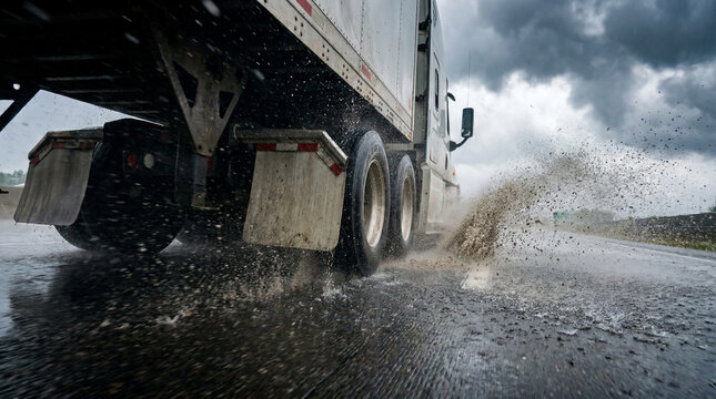 Heavy Duty Mud Flaps On A Semi Trailer Splashing Rainwater Across A Dark Stormy Highway