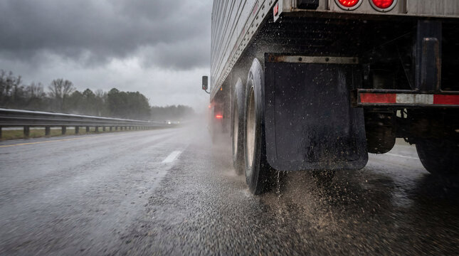 Dynamic Semi Trailer Mud Flaps Splashing Heavy Water On A Stormy Highway During Extreme Weather