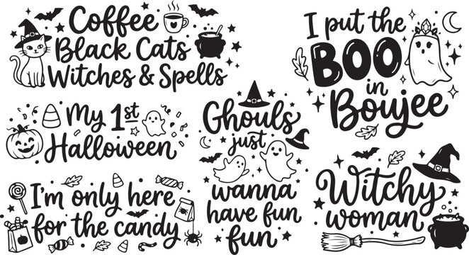 Halloween phrases and illustrations with witchy and spooky designs