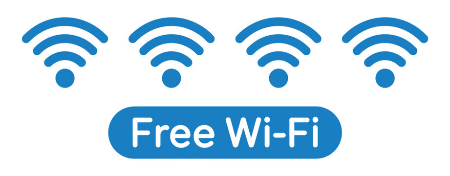 Free Wi Fi icon set featuring wireless connection, hotspot, internet access, and network point symbols for web, mobile, and public service design.