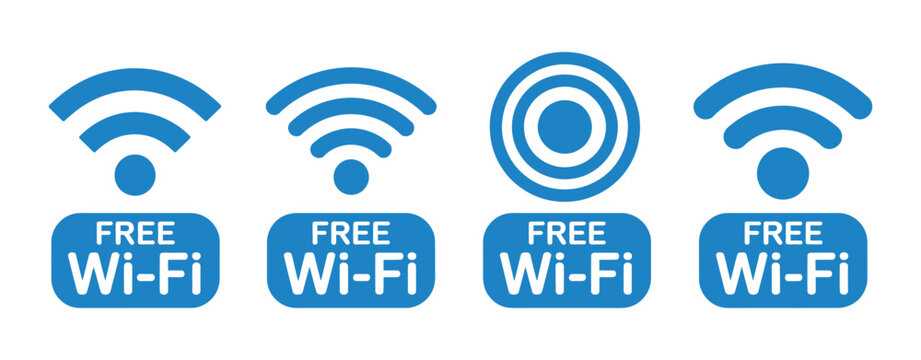 Free Wi Fi icon set featuring wireless connection, hotspot, internet access, and network point symbols for web, mobile, and public service design.