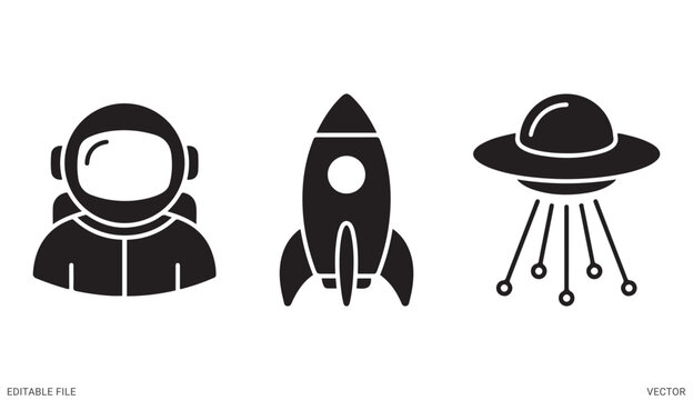Outer space set with astronaut helmet rocket ship and ufo alien spaceship vector silhouettes