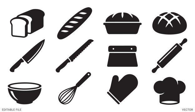 Bakery kitchen utensils and bread elements vector silhouette set for baking and cooking design