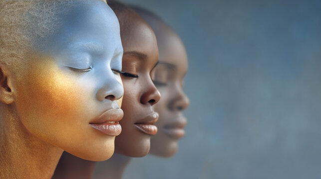 three models with diverse skin tones are shown in profile, eyes closed. The foremost figure features artistic blue and warm amber makeup, creating a striking contrast.
