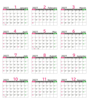 	日本の祝日対応日曜始まりのシンプルデザインの2027年のマンスリーカレンダーの素材セット