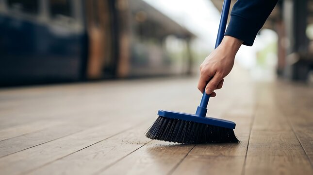 Close up of a person holding a blue broom and sweeping a wooden floor at a train station with a blurred train visible in the background area