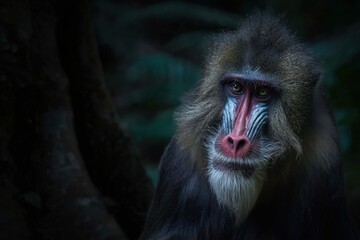 Fototapeta premium Majestic Baboon in Dark Forest Setting