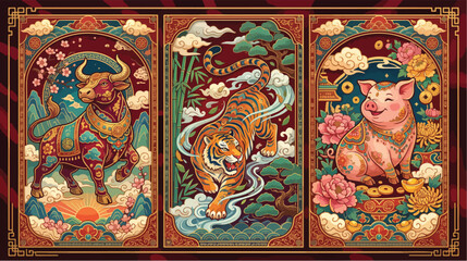 Obraz premium Traditional chinese zodiac illustrations featuring an ornate bull a powerful tiger and a cheerful pig with colorful floral decorative patterns